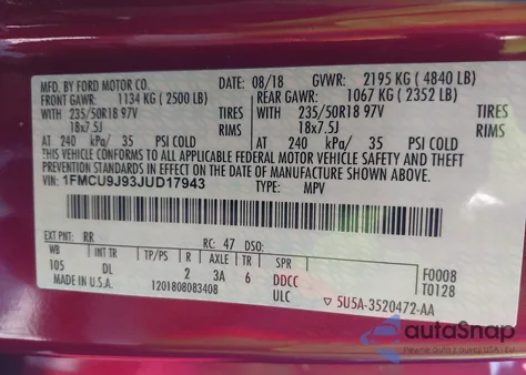 2018 Ford Escape Titanium из США, поврежденный, VIN 1FMCU9J93JUD17943